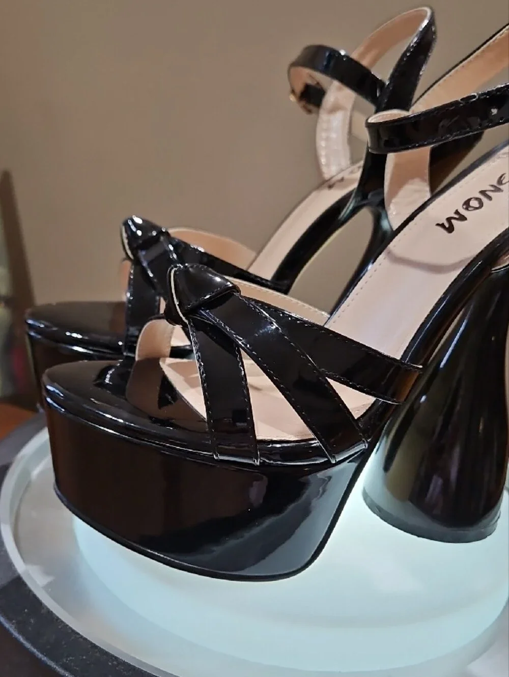 Black Patent Platform Slingback Sandals with Sculpted Heel